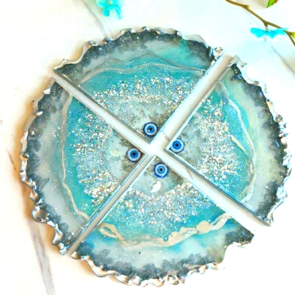 Handmade Evil Eye Agate Blue and Silver Resin Coasters - Picture 3 of 4